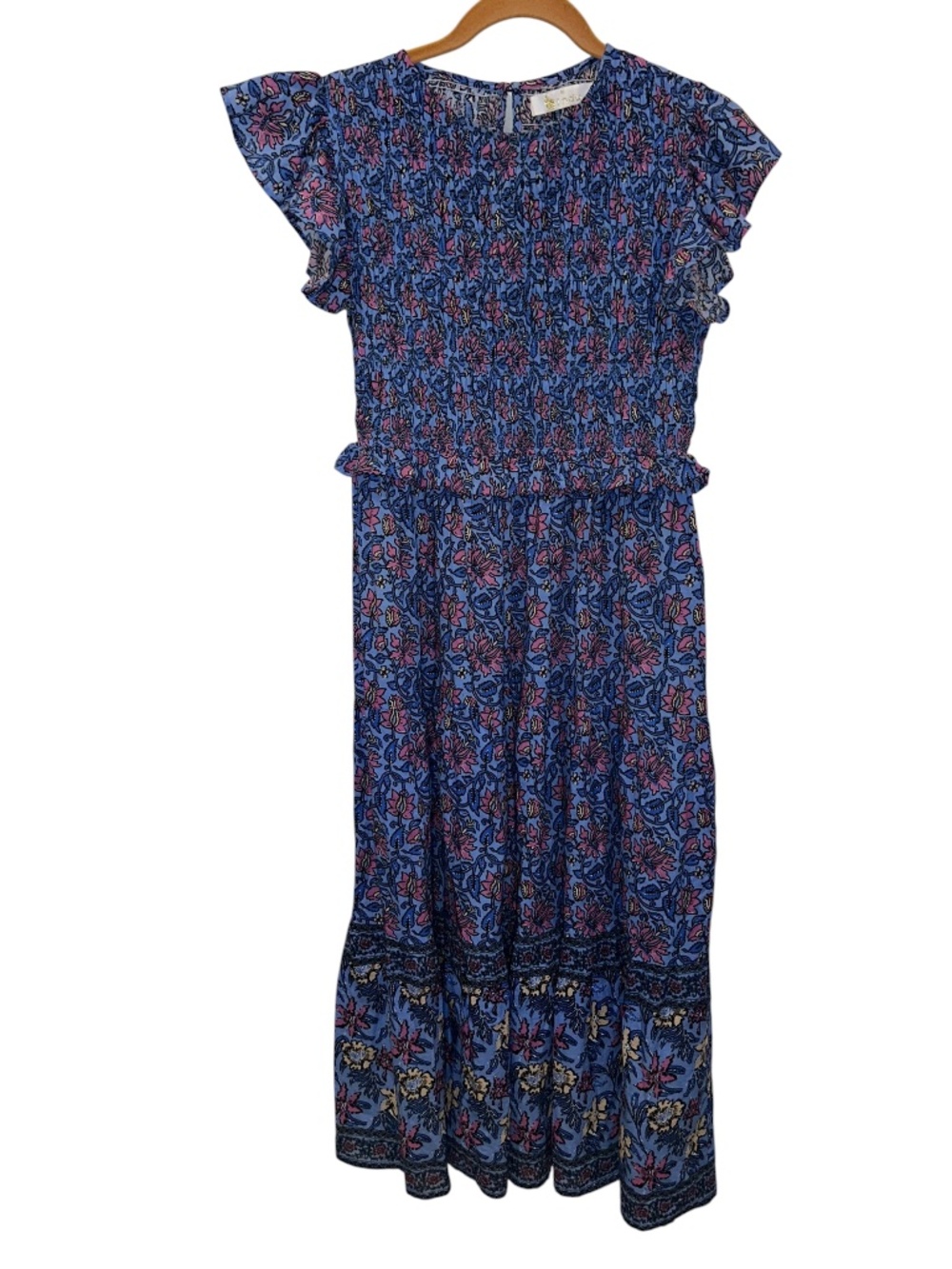 Indu NEW blue pink floral Indian Block print sun dress M